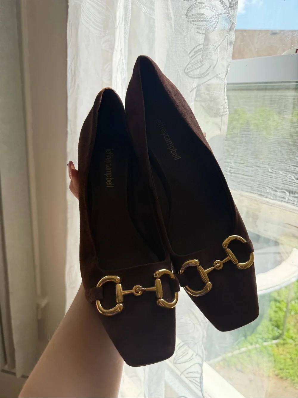 James Campbell Brown Suede Pointed-Toe Heels with Gold Hardware